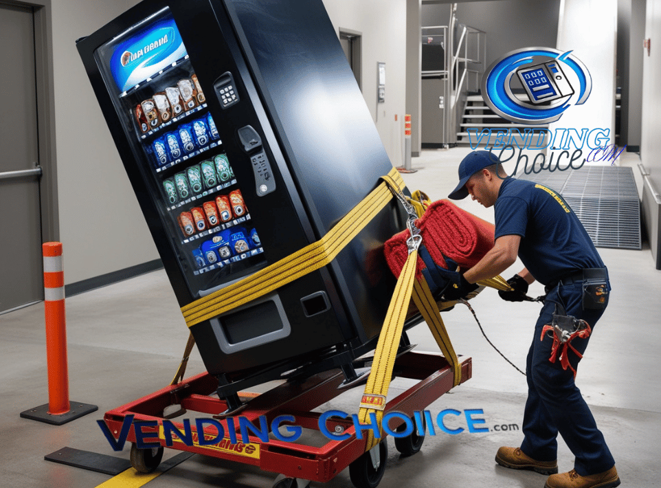 a man transporting vending machine.