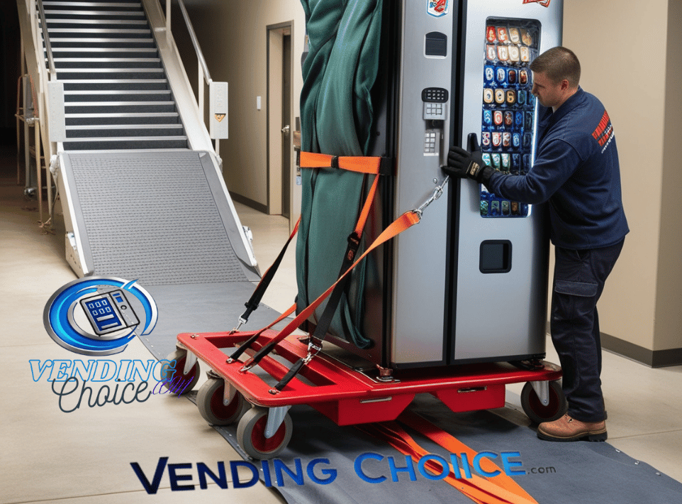 a man transporting vending machine on a trolley 