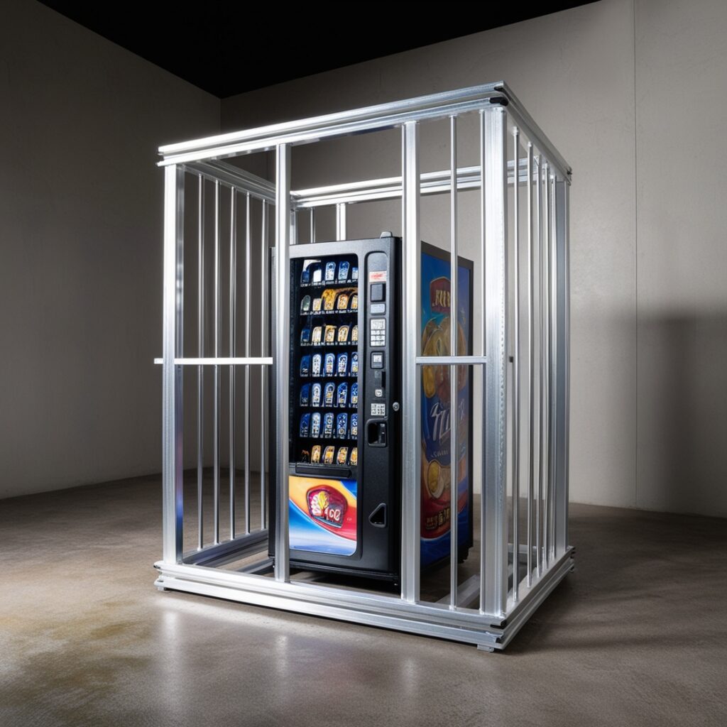 a big vending machine cage make with aluminum, the cage uses for vending machine security reasons 