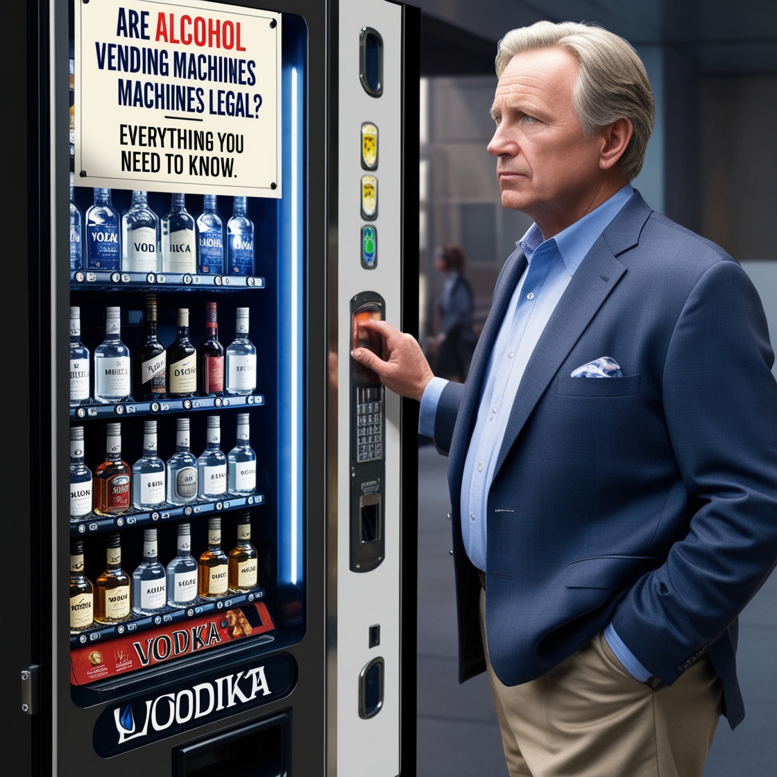 "A realistic middle-aged man stands next to an alcohol vending machine in a public space. The machine displays various bottles of alcohol, like vodka, clearly visible. On one side of the vending machine, a disclaimer is hanging with a heading that reads: 'Are Alcohol Vending Machines Legal? Everything You Need to Know.' The man appears thoughtful, as if contemplating the legality or implications of the machine, and the setting captures a modern, everyday environment."