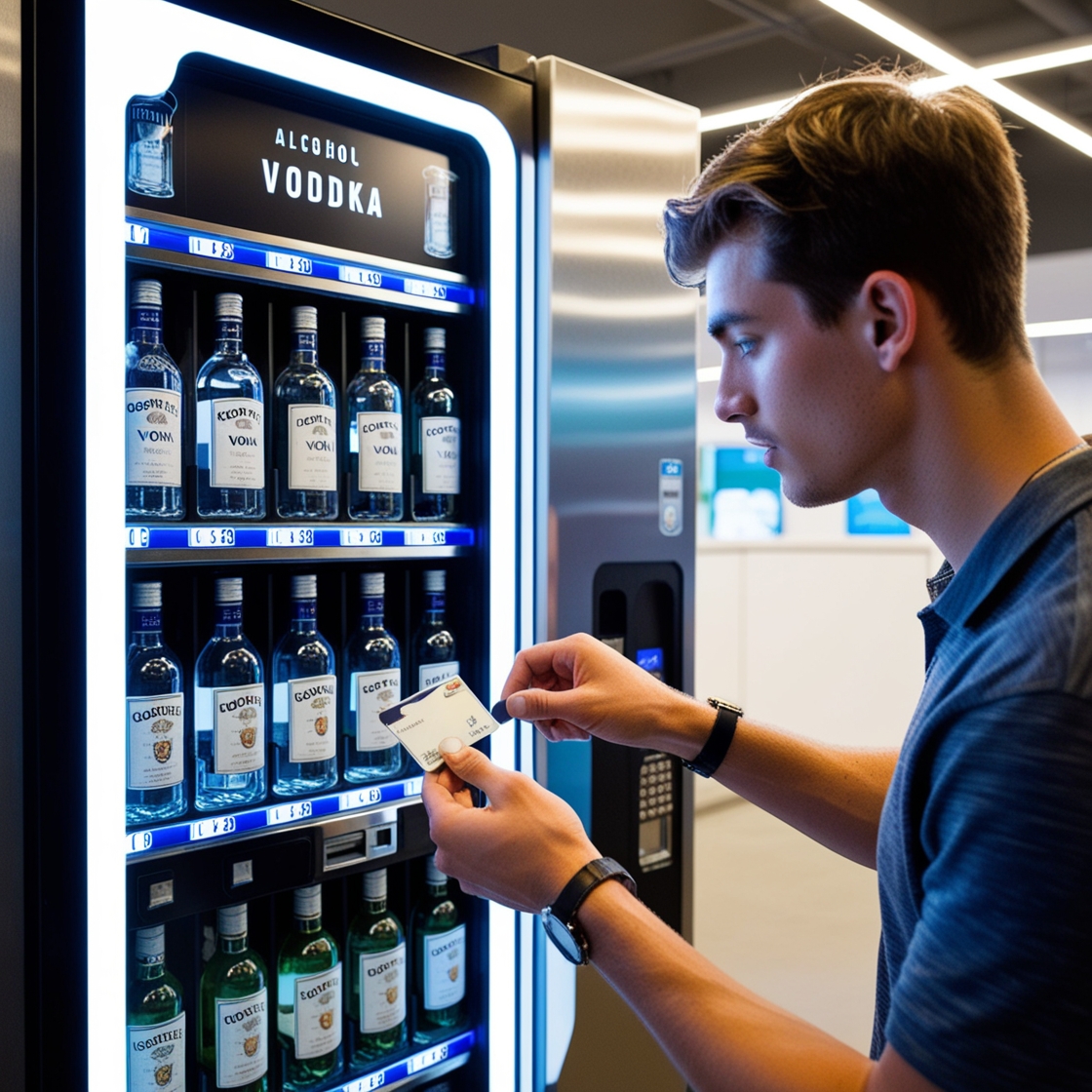 "A young man is scanning his card at an alcohol vending machine to retrieve a bottle of vodka. The vending machine is sleek and modern, with various bottles of alcohol displayed inside. The man is focused on the task, holding his card up to the scanner as the machine prepares to dispense the vodka. The setting is a well-lit, public space, adding to the contemporary and casual vibe of the scene."