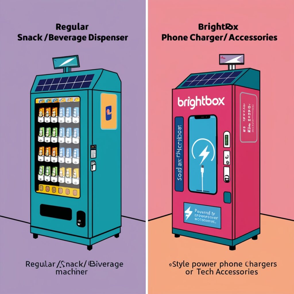 A side-by-side comparison of different vending machine types: a regular snack/beverage dispenser and a brightbox offering phone chargers or tech accessories. Both machines are powered by solar panels in unique environments.