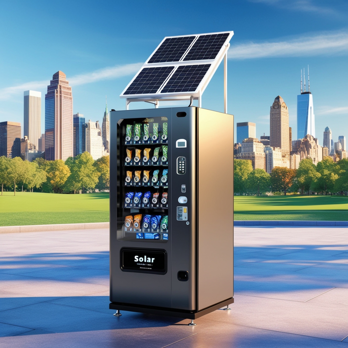 A sleek vending machine standing outdoors, powered by solar panels mounted on top, with a vibrant city skyline or park in the background. The machine dispenses snacks and beverages, symbolizing convenience and sustainability.
