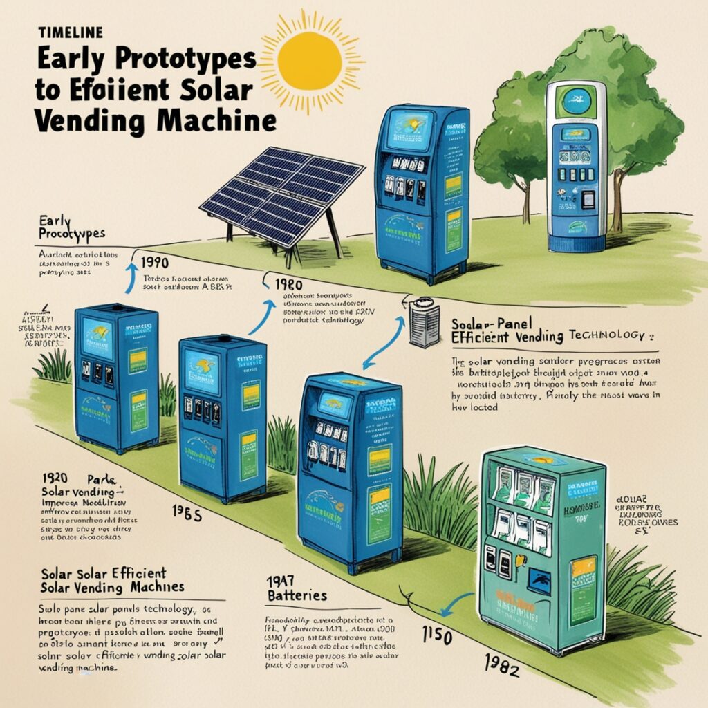 A timeline visual showcasing early prototypes to modern, efficient solar vending machines. Include details like advancements in solar panel technology, improved batteries, and locations where these machines are now used (e.g., parks, campuses).