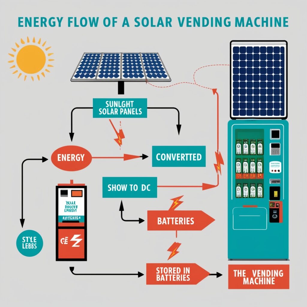 An infographic-style visual showing the energy flow: sunlight hitting solar panels, energy converted to DC, stored in batteries, and powering the vending machine. Include arrows and labels highlighting each process step.