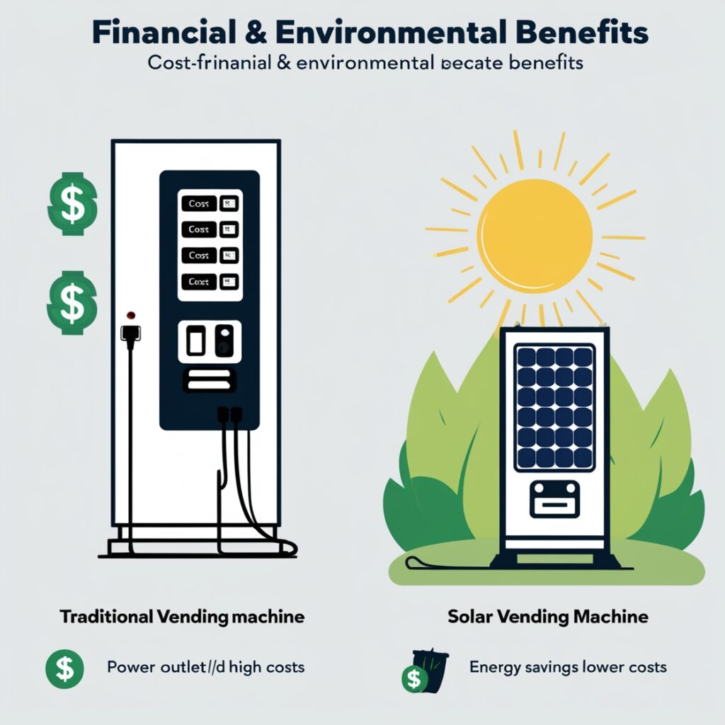 A dual-frame comparison: one frame showing a traditional vending machine connected to a power outlet with dollar signs representing high costs; the other frame showing a solar vending machine outdoors with the sun shining, symbolizing energy savings and lower costs.
